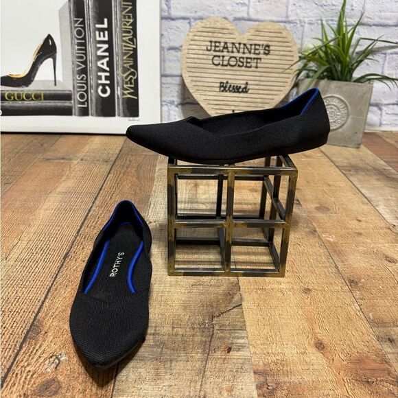 ROTHY’S Women’s The Point Flats Shoes BLACK with Blue Trim Size W8 - Picture 1 of 10